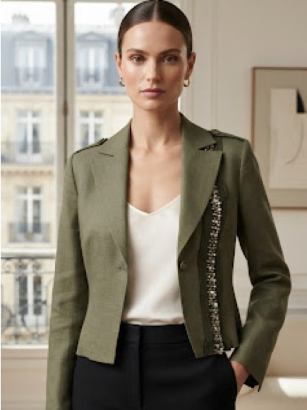 Maeva Embellished Trim Taupe Cotton Cropped Jacket